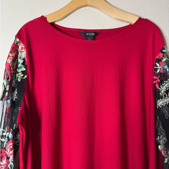 Ali Miles Plus 1X Red Jersey Floral Embroidered Sheer Bell Sleeve Blouse - Picture 2 of 7